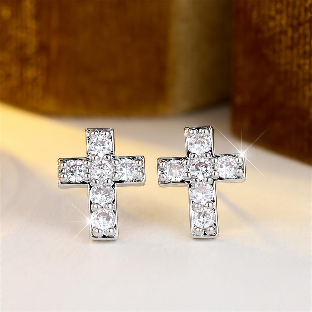 Classic Cross White Zircon Round Stone Stud Earrings For Women Vintage Silver Color Wedding Earring Valentines Day Jewelry Gifts
