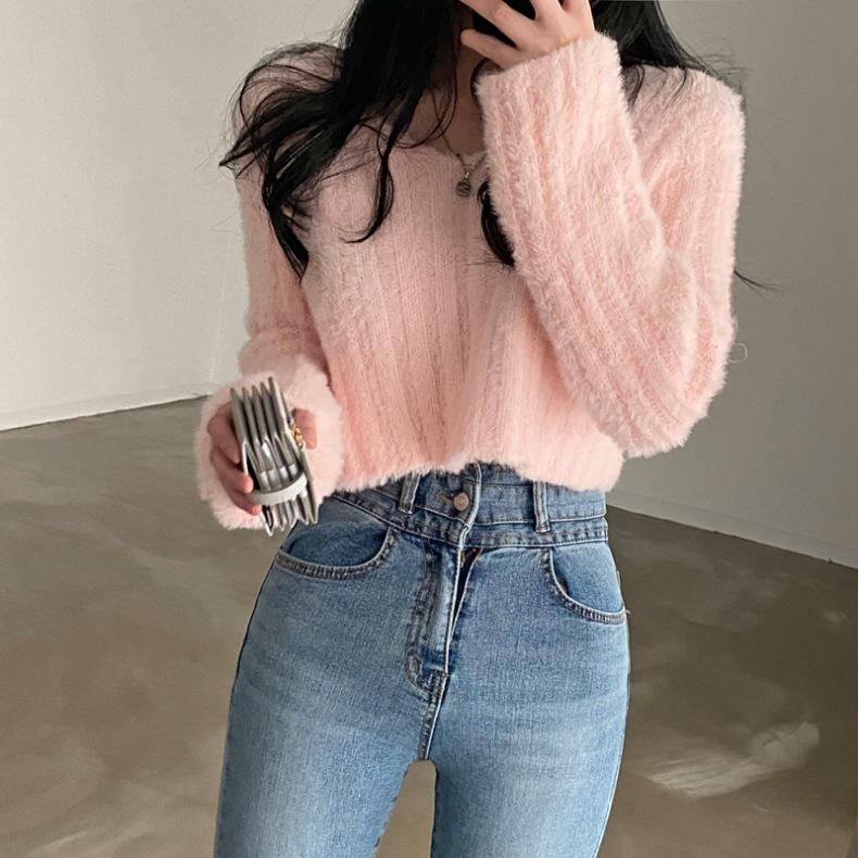 

Ladies Autumn Winter Long Sleeve V Neck Solid Color Knitted Plush Blouse Sweater Top one size