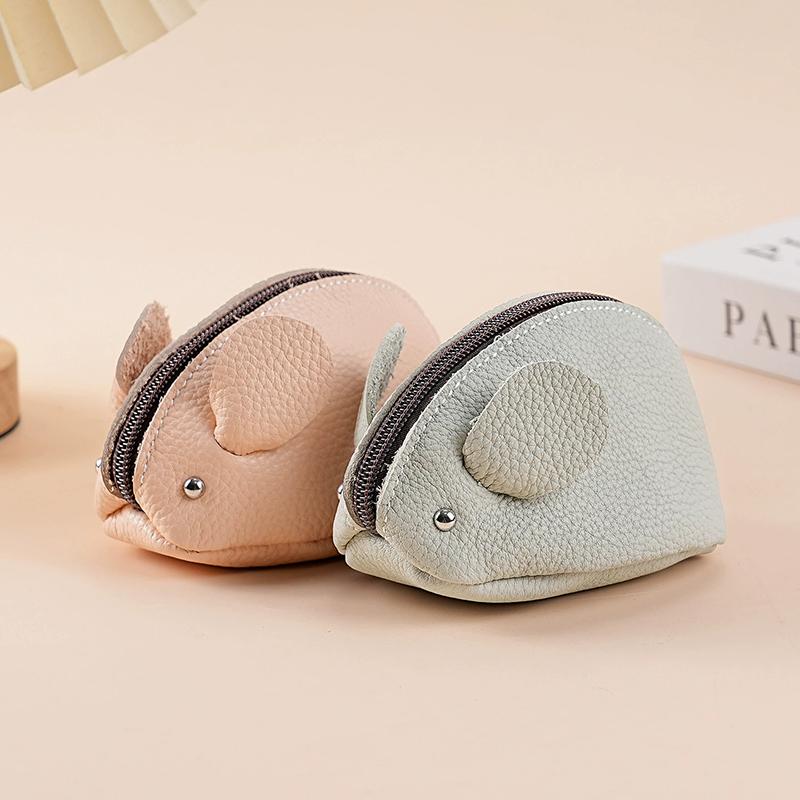 Kindergeldbörse aus Rindsleder, Schlüsselanhänger-Tasche mit Maus-Cartoon aus echtem Leder, Multifunktionale Hand-Aufbewahrungstasche