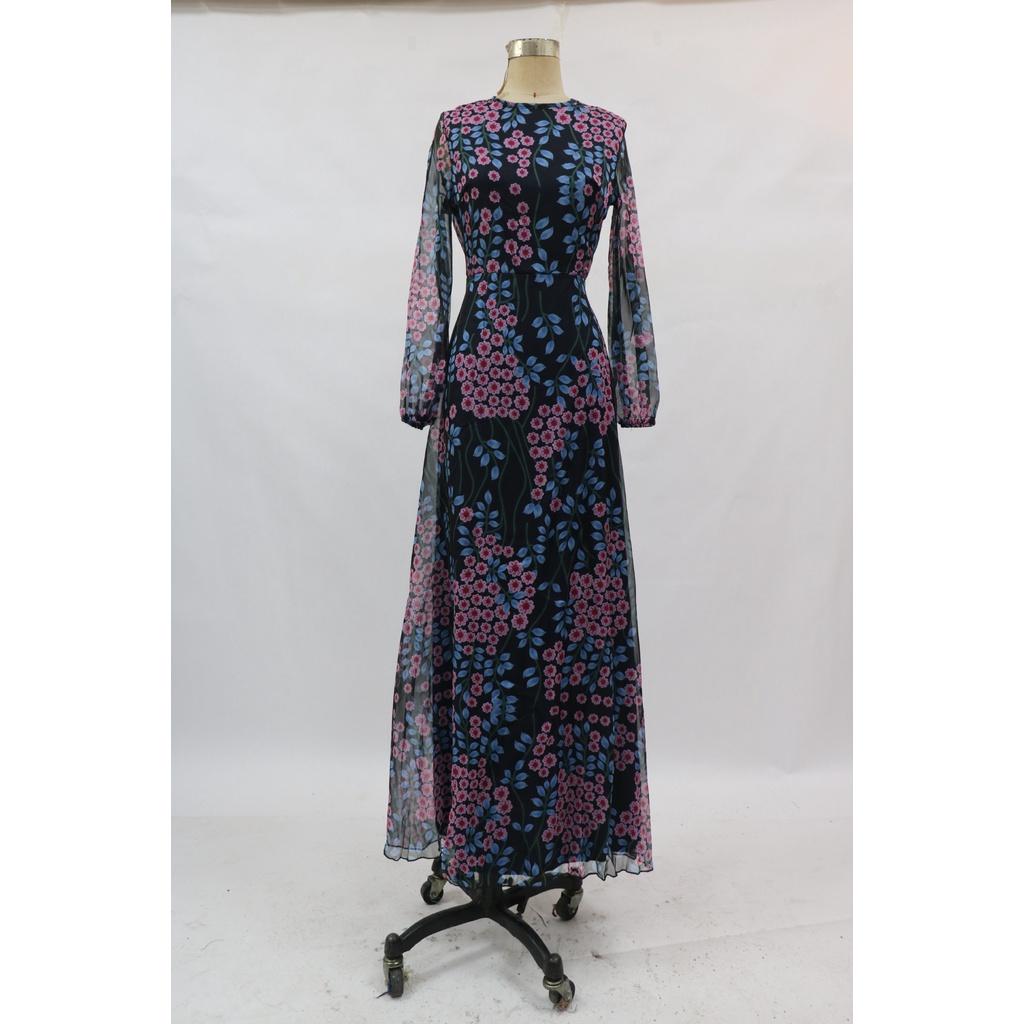 Women Elegant O Neck Backless Flowers Floral Print Long Sleeves Bridal Maxi Long Dress Host Wedding Bride Bridesmaids Party Gowns