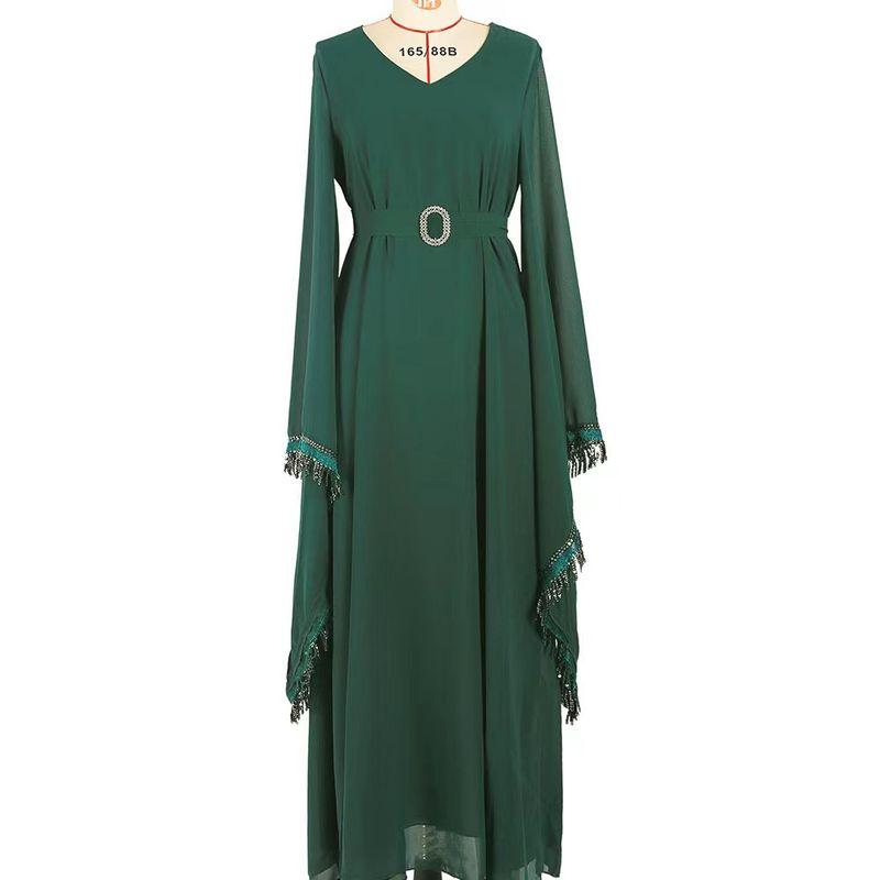

New Ethnic Style Women clothes Dark Green Tassel Sleeve Dress V-Neck Fringed Sleeve Dress Dark green S