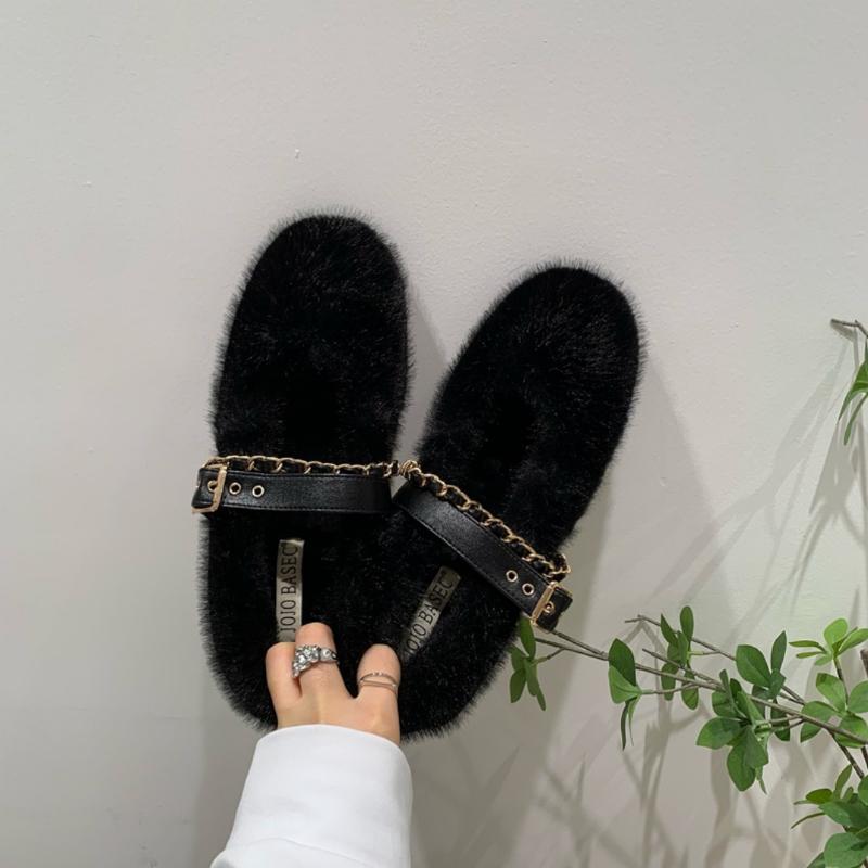 Designer Autumn Women Comfortable Warm Fur Shoes Fashion Shallow Slip on Ladies Flats Shoes Round Toe Women's Mary Jane Shoes