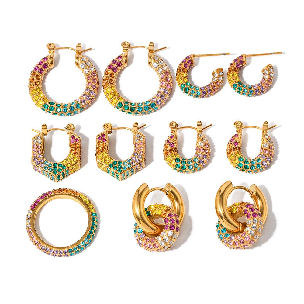 Trendy Gold-Plated Colorful Diamond Hoop Earrings for Women