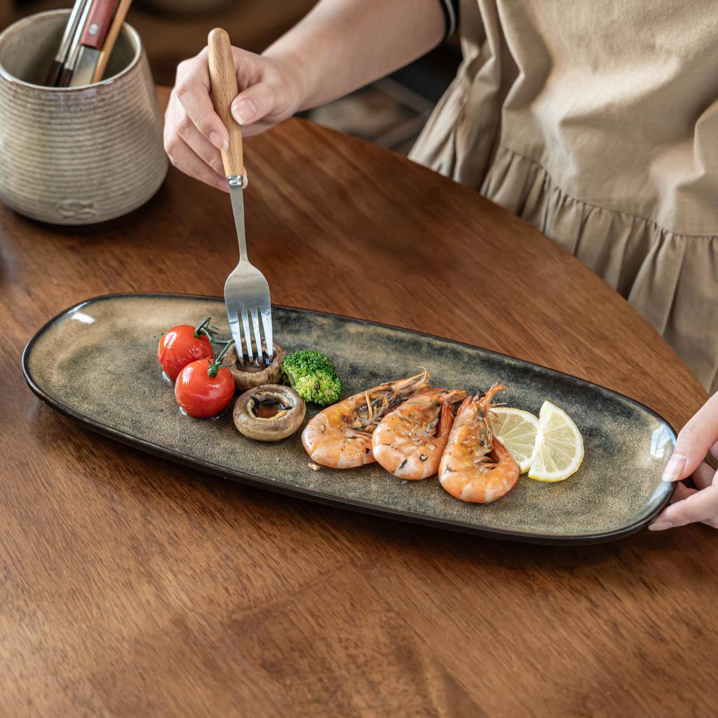 Fish Plate Household High-End Oval Plate Household Ceramic Plate Vegetable Plate Retro Tableware Large Western Food Plate