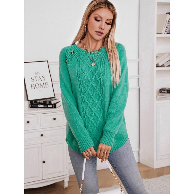 Women's Fall/Winter Knitwear Solid Button Loose Pullover Cable Knit Sweater