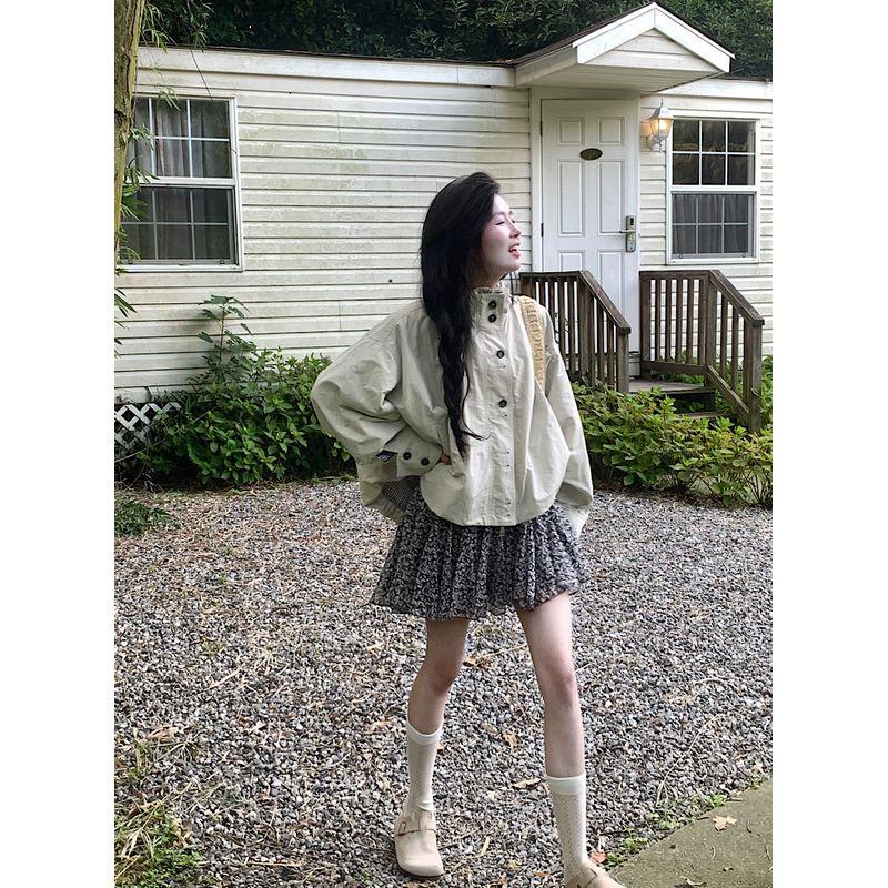 

Kumikumi Stylish Stand Collar Pure Color Long Sleeve Coat Top Women s Autumn Floral Skirt Skirt Two-piece Set Floral Skirt One size