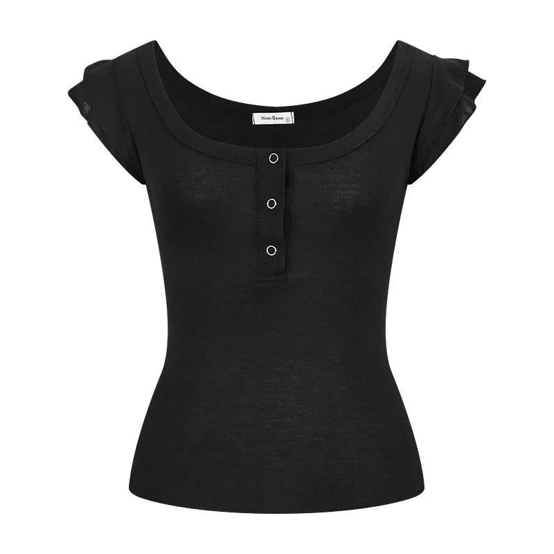 Homemade~ Misty Midsummer, Double-Layer Fungus Edge Small Flying Sleeves Solid Shoulder T-Shirt Slim-fit Versatile Top