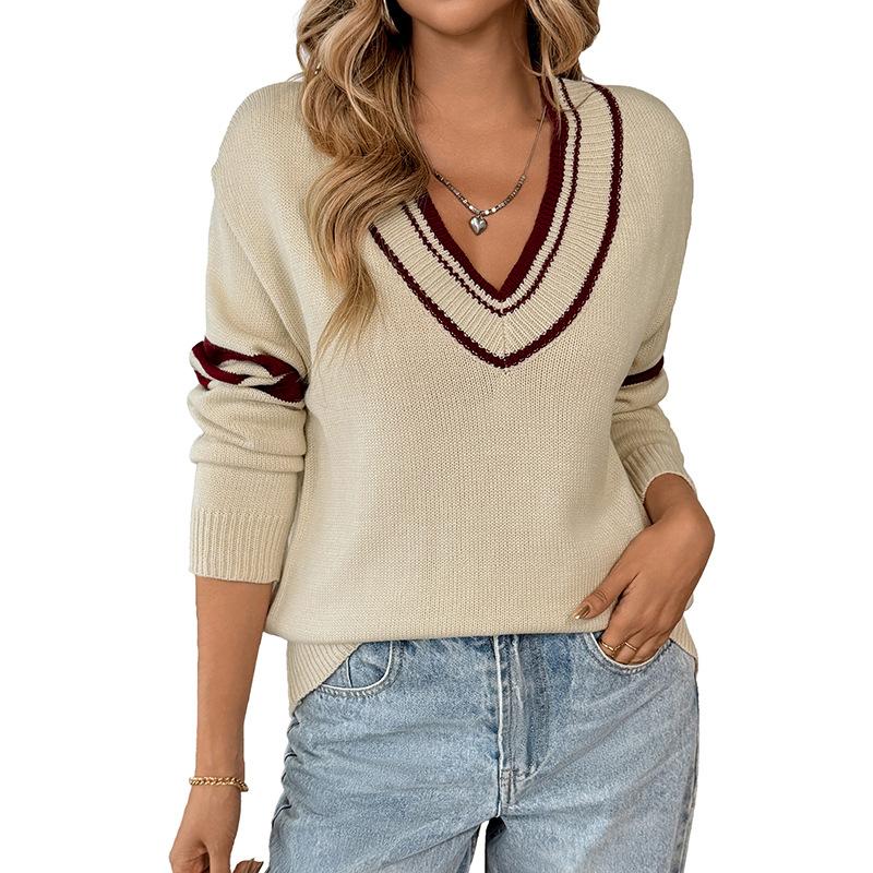 Women Long Sleeve V Neck Sweater Apricot Stripe Ribbed Knit Basic Cropped Casual Relaxed Fit Pullover Jumper