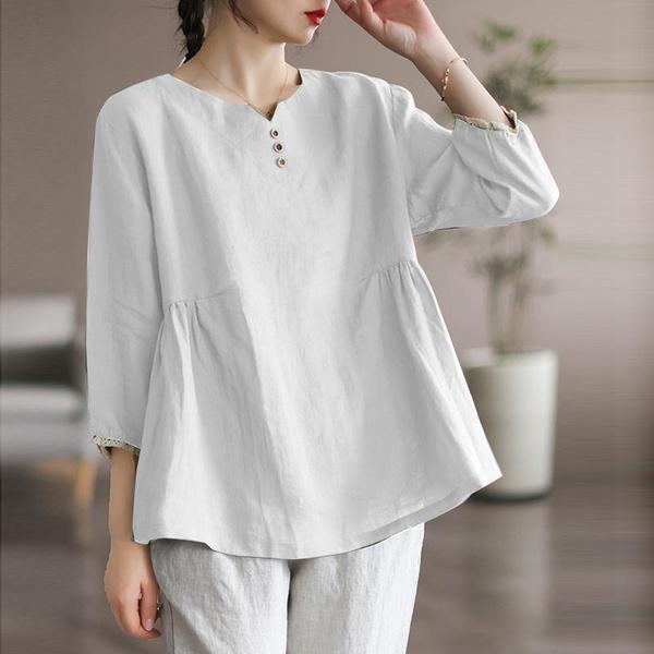 Women Loose Casual Blouse Cotton Solid Color V Neck Summer Half Sleeve T-shirt Plus Size