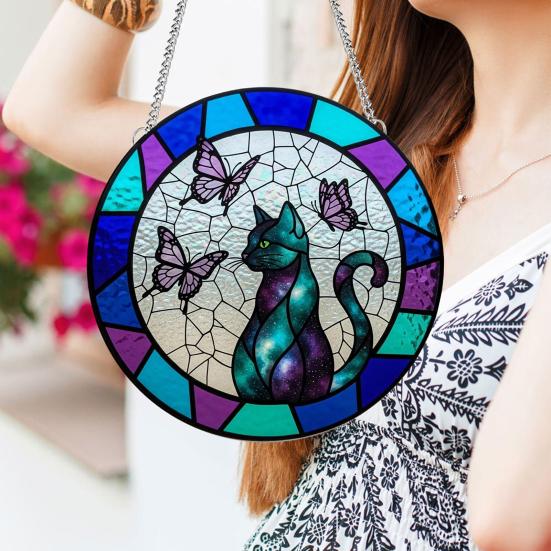 Katt Sommerfugl Solfanger Hengepynt Innendørs Utendørs Hjem Hage Vegg Vindu Henger Farget Glass Akryl Ornament Anheng Kjæledyrelskere Gaver