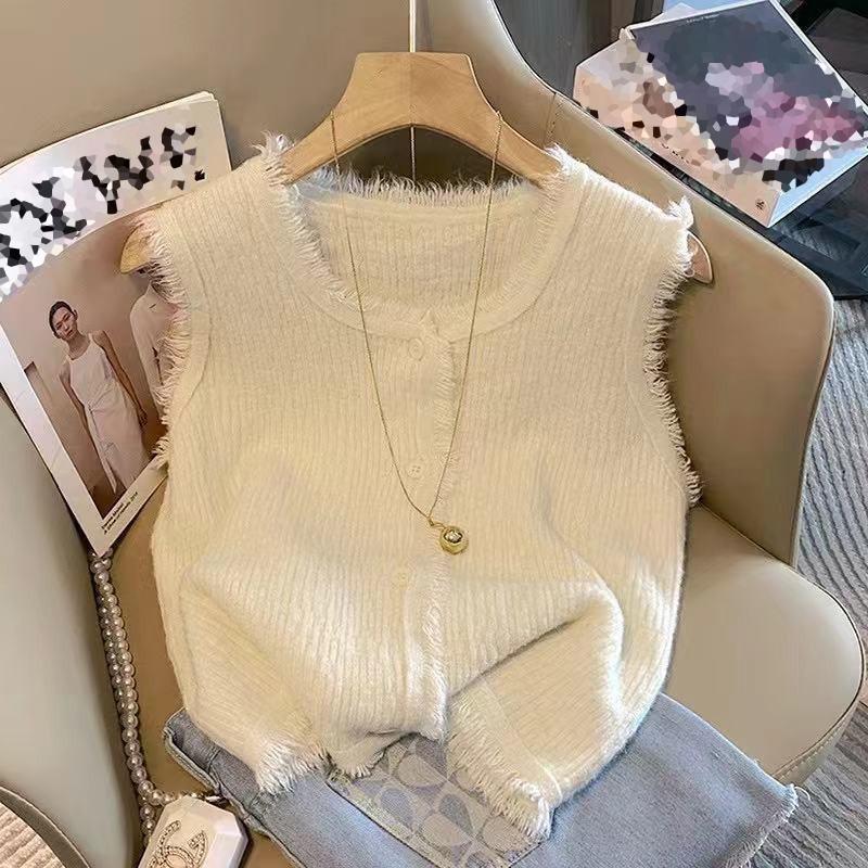 

WTEMPO Кисточки О-образный вырез Пуговицы Вязаные жилеты Женские Осенне-Зимние Однотонные Повседневные Трикотажные Свитера Без Рукавов One Size бежевый