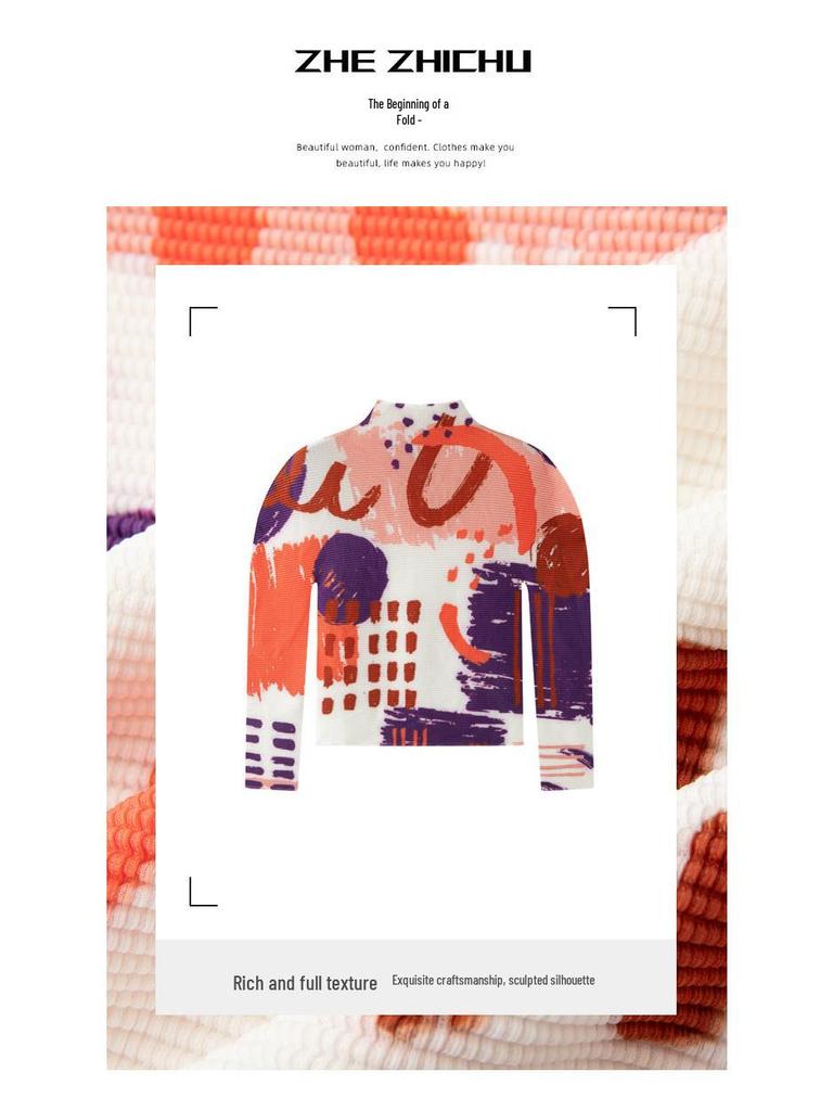 Miyake Pleats Women's High Neck Long Sleeve T-shirt - 2026 Spring/Summer Corn Kernel Abstract Print, Slim Fit.