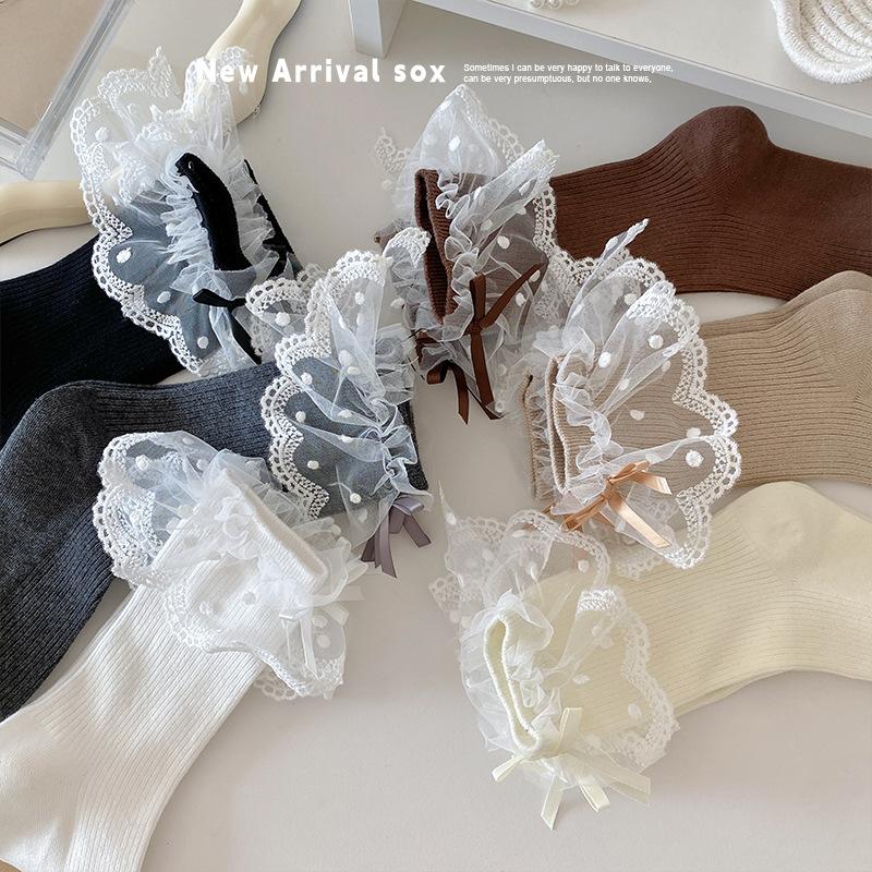 Girls' Spring and Autumn Socks with Lace Bows, Girls' Lolita Mid-calf Piles, Autumn and Winter Ballet-style Student Socks