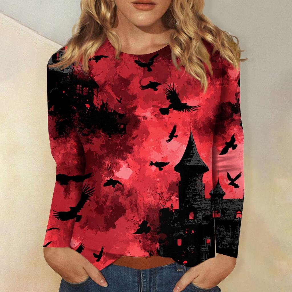 Women's long-sleeved loose-necked Halloween print casual top , suitable for holiday parties