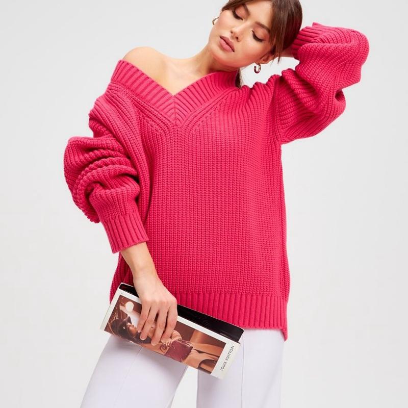 Damski sweter jesienno-zimowy z dekoltem w szpic, w jednolitym kolorze, z długim rękawem, luźnym, dzianinowym swetrem na wszystkie mecze