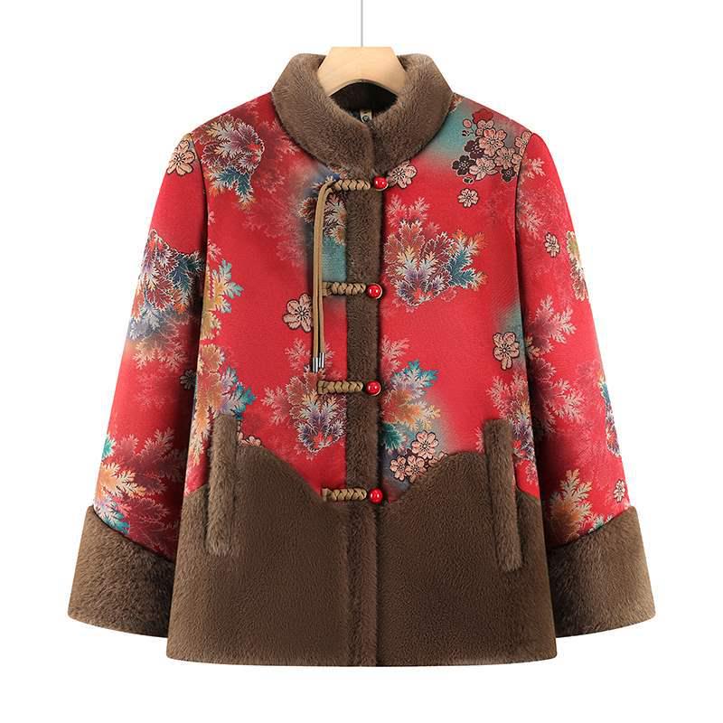 

Festive Winter Cotton Padded Jacket with Fleece - Tang Suit Style for Elderly Women 5XL (145-160 jin)