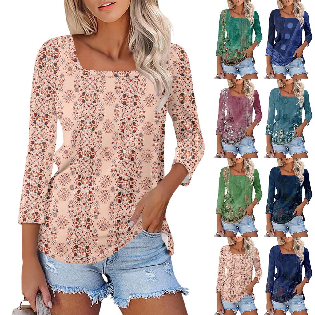 Women's 3/4 Sleeve Square Neck Floral Shirt Casual Loose Tunic Top