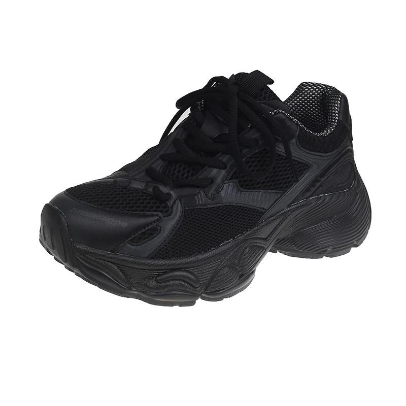 

Модные однотонные кроссовки для женщин на открытом воздухе, дышащая сетка, легкие 2024, высококачественные кроссовки на шнуровке, толстая подошва, женская обувь 40 чёрный