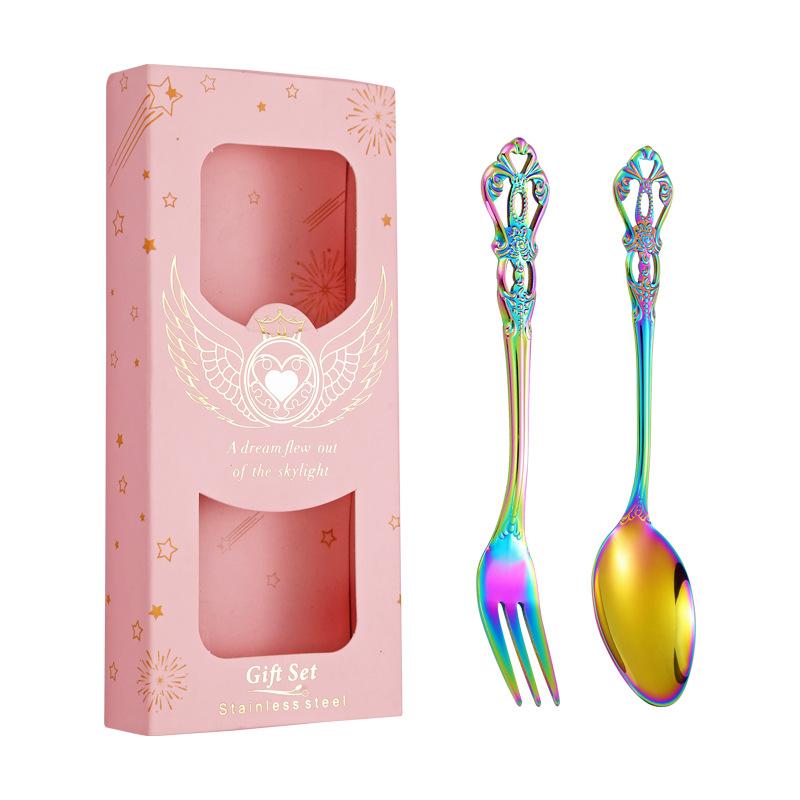 Stainless Steel Spoon Fork Two-piece Cutlery Gift Box Retro Coffee Spoon and Fork Set with Hand