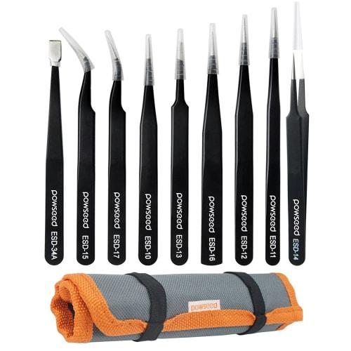 Powseed 9-Piece Precision Tweezers Set, ESD Shielding, Anti-Static, Stainless Steel, Electrolytic, Rust-Resistant, Black Coated, for Precision Machine