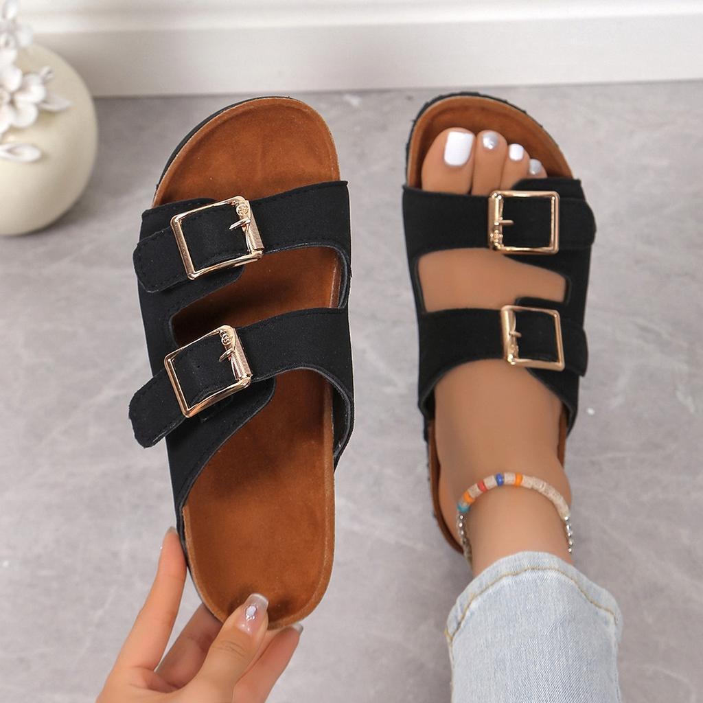 Women's Wide Width Double Buckle Cork Slides - Flat Sole Mule Sandals for Outdoor Wear, Casual Single Strap Thongs