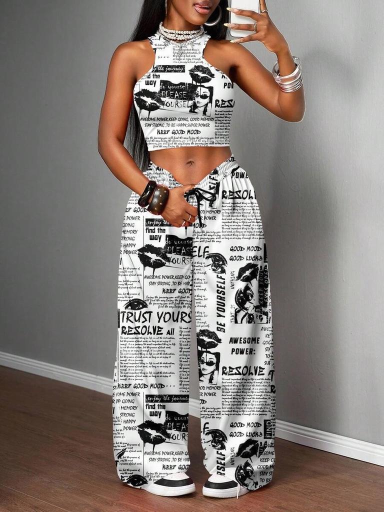 Trendige Marke Streetstyle Kontrastfarben Bedruckte Weste Weitbeinige Hosen Set Lässig Spice Girl Stil Dünnes Zweiteiler Set