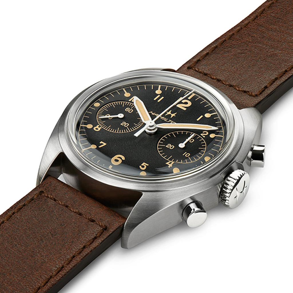 Hamilton Khaki Aviation Pilot Pioneer Mechanical Chronograph Textured Black Dial Brown Leather Strap Men's Watch (H76409530)