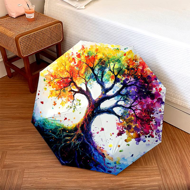 1 PC Automatic Folding Umbrella - Colorful Tree Pattern, Portable & Foldable Design with 8 Ribs, Christmas Birthday Gifts