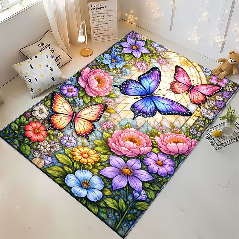 Colorful Butterflies and Floral Paradise Non-slip Rug Suitable for Living Room and Bedroom Sofas