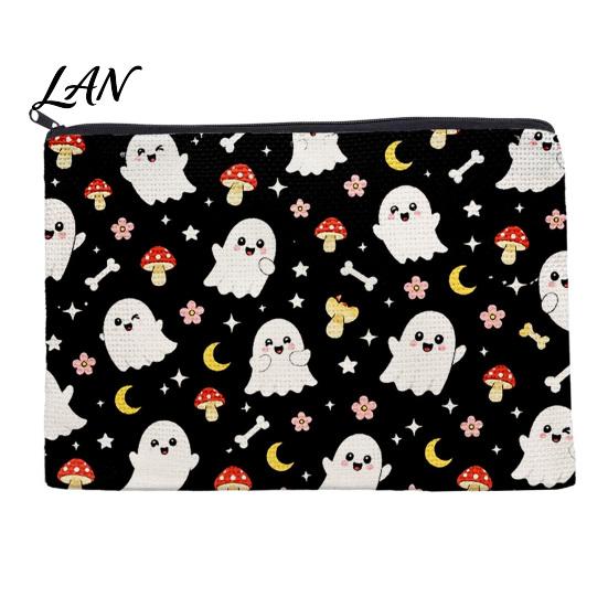 Durable Data Cable Organizer Cosmetic Bag, Halloween Pattern Print Makeup Canvas Cute Storage Bag Zipper Pouch, for Change Washable Pencil Case