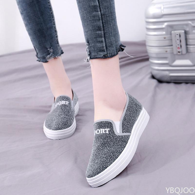 Fashion Women's Sports Canvas Shoes New Casual Flat Bottomed Shallow Mouth Sequin Platform Sports One Foot Kick Zapatos Mujer Sneakers