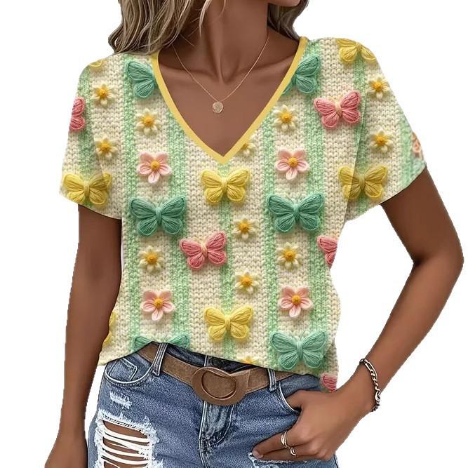 Summer V-neck 3D Flower Themed Pattern Printed Top Fashionable Casual Short Sleeved Women's T-shirts
