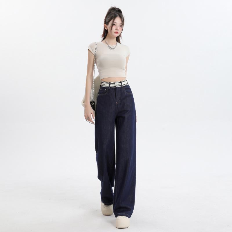 Women's Dark Blue Tencel Wide-Leg Jeans with Stitched Letter Waist