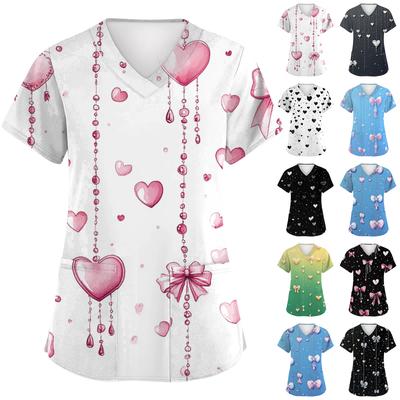 Moda Feminina Decote V Manga Curta Roupa de Trabalho Com Bolsos Top Estampado Dia dos Namorados Uniforme de Cuidador