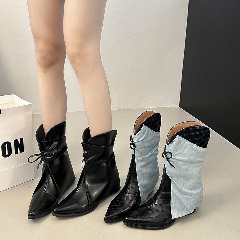 European and American soft leather niche design pants tube boots pointed flat bottom splicing thin V-mouth short boots women's spring Martin boots