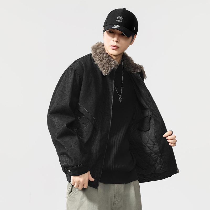 

Merade Men s 2025 Winter Warm Fur Collar Padded Denim Jacket - Casual Loose Fit 4XL (195-210 jin) чорний