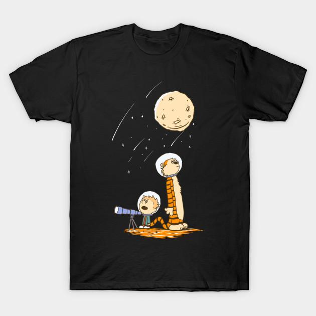 Men Black Print T-shirt Calvin And Hobbes Astronaut No-Cut Transfer Paper Print Cotton Tshirt 3XL чёрный