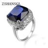 Solid 925 Sterling Silver 5A Blue Big Zircon Crystal Finger Rings for Women Promise Love Wedding Jewelry S925 Stamp Gift Anillos