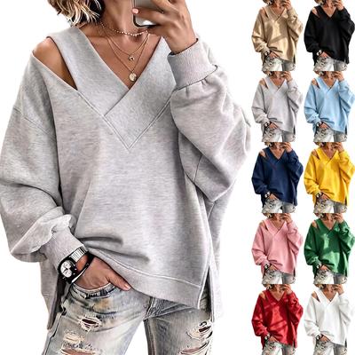 Kadın V Yaka Uzun Kollu Sweatshirt, Renkli Günlük Kazak Üst
