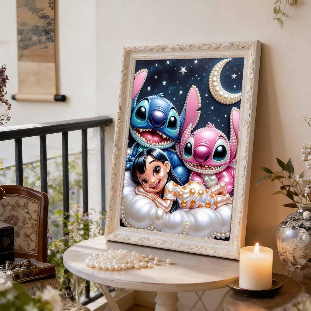 Starry Cloud Lilo, Stitch & Angel New Pearl-Inlaid Frameless Art | Handmade Pearl Craft, Starry Moon Cloud Theme, for Cute Dopamine Decor