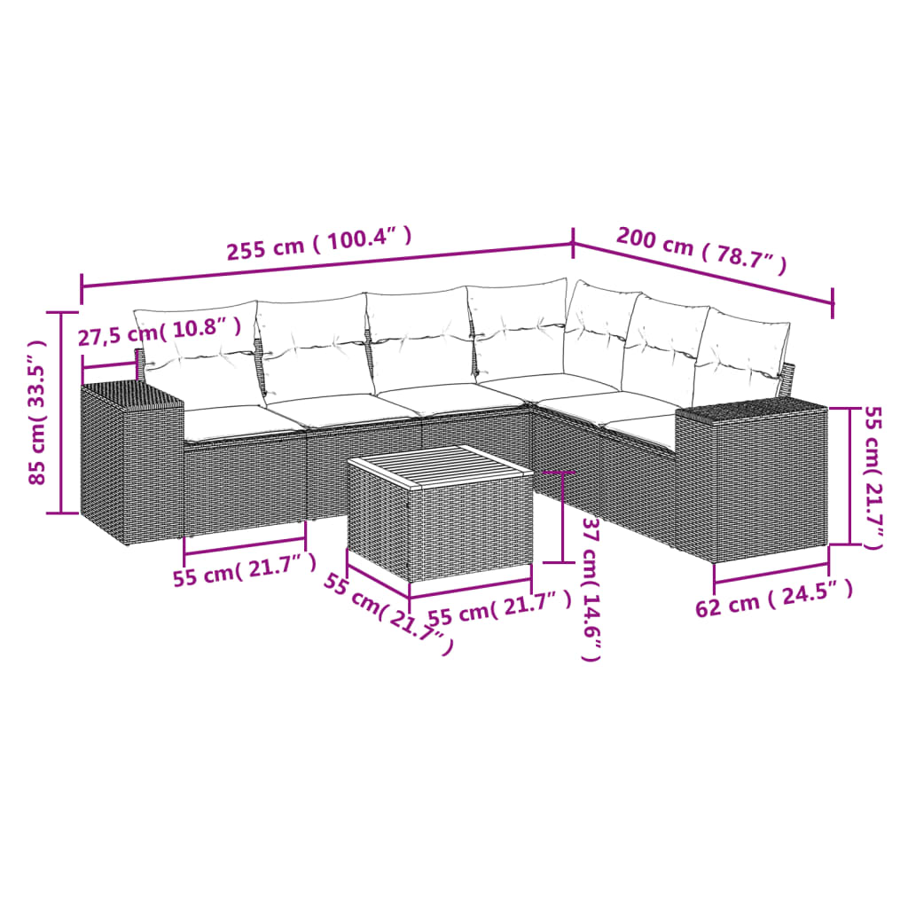 7 Piece Garden Sofa Set with Cushions Gray Poly Rattan