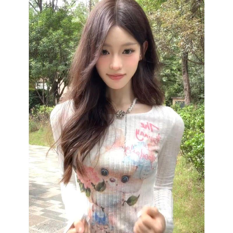 Women s T-shirts Long Sleeve Cute Girls Y2K T-shirts Casual Leisure Street Wear S белый