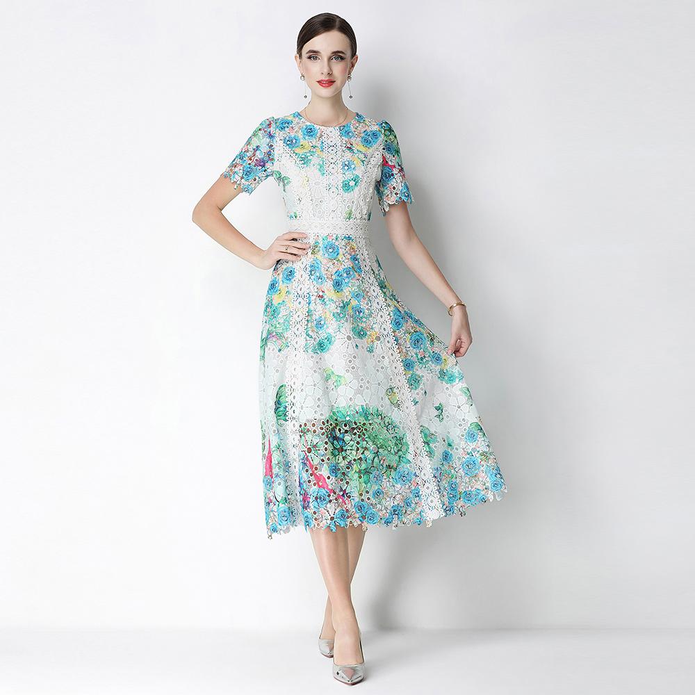 Ricamo Formale Lusso Sera Midi Abito Donna Estate Uncinetto Fiore Lavorazione a Maglia Intrecciata Manica Corta Pizzo Lunghi Abiti Festa Vestiti