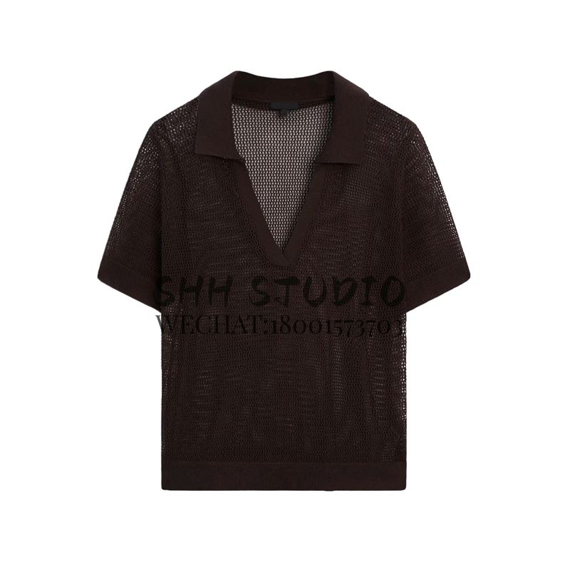 MD Spring New French Style Casual Commute Style Lightweight Breathable Mesh Short Sleeve Polo Collar T-shirt 6218583