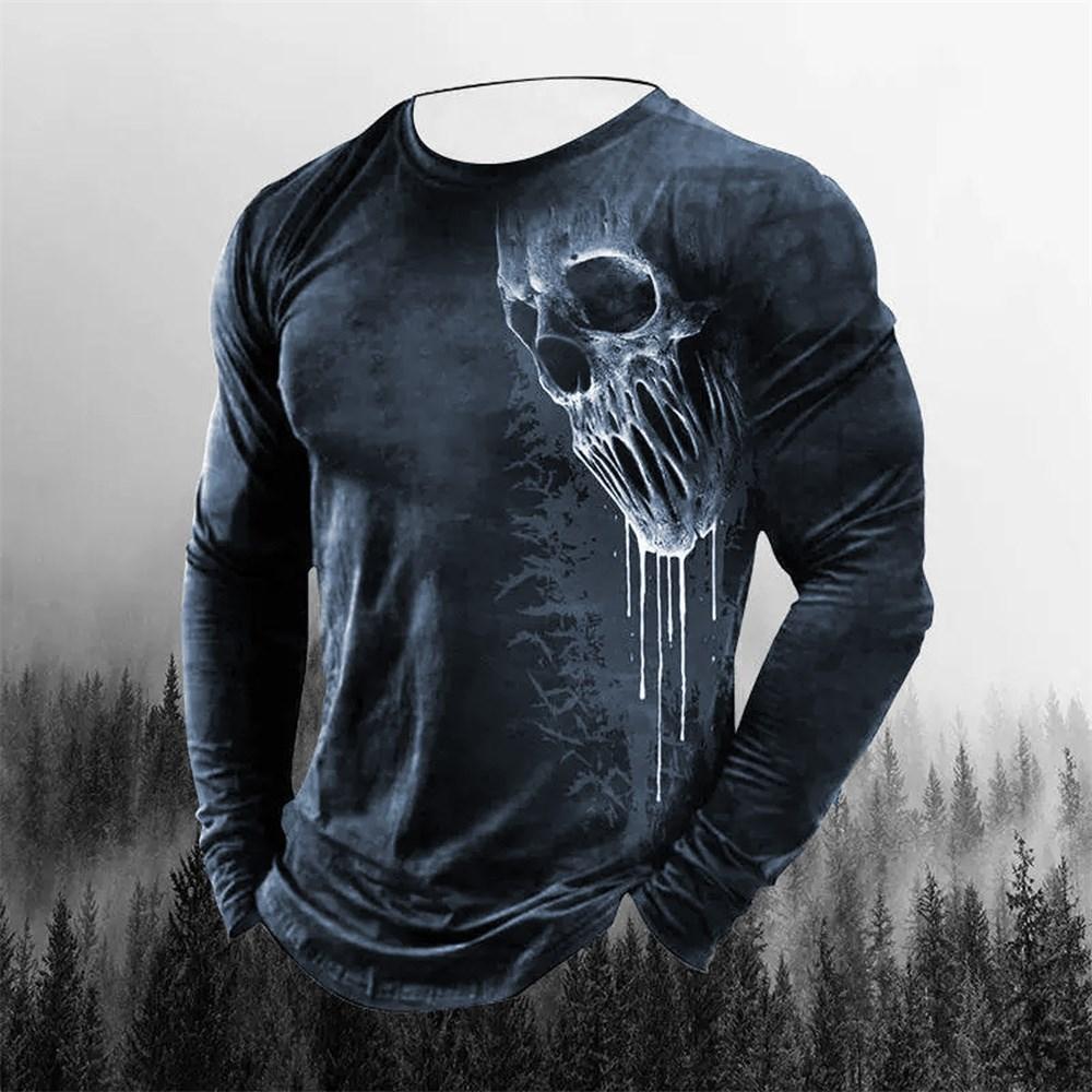 3D Printing Men's Round Neck Long Sleeves Street Trend Hip-hop Oversized Punk T-shirt Pullover Vintage Skull T-shirt