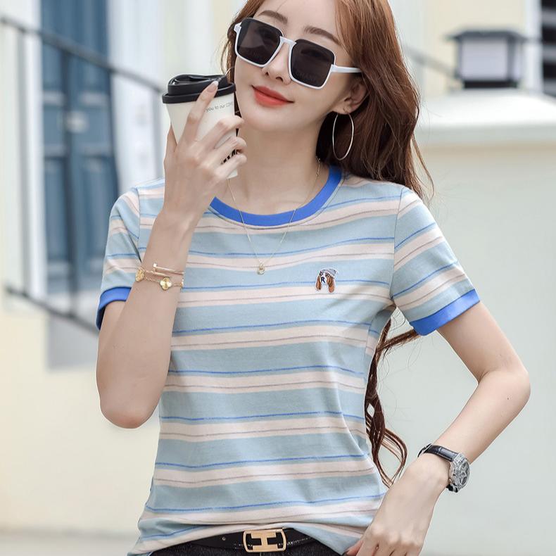 Tricou de vară din bumbac, larg, cu mânecă scurtă, cu dungi, pentru femei