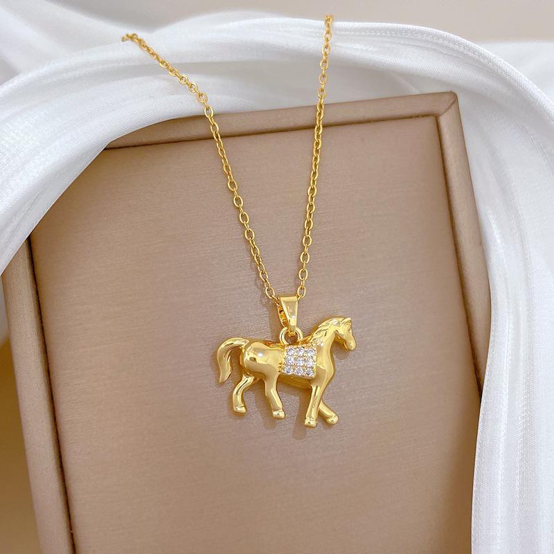 Hip Hop Zircon Horse Pendant Necklace for Women Men Stainless Steel Chain Jewelry Accessory Gifts