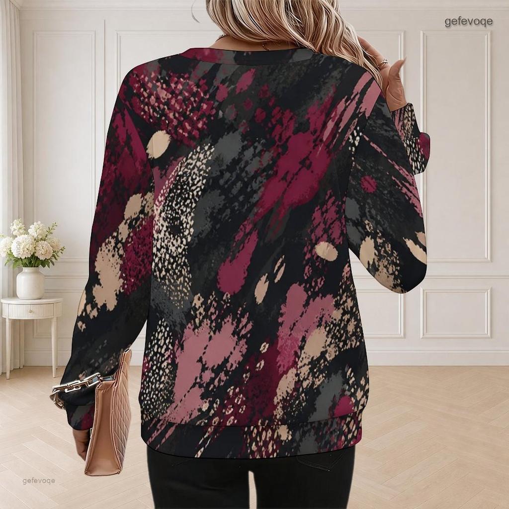 Women Plus Size Round Neck Long Sleeve Multicolor Printed Pullover Sweatshirt