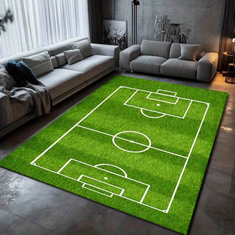 Kids Football Field Play Area Rug Green Soccer Pitch Non-Slip Carpet Educational Sports Home Decor Floor Mat for Bedroom