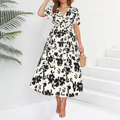 Women's Large Size V-neck A-line Dress Range-finding High-waisted Thin Short-sleeved Floral Mid-length Casual Printed Skirt